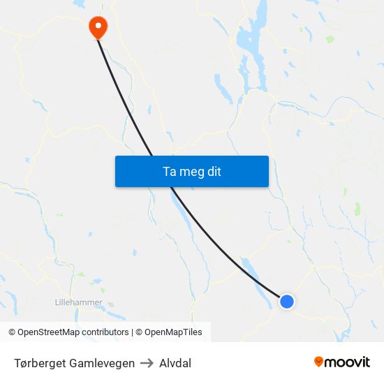Tørberget Gamlevegen to Alvdal map
