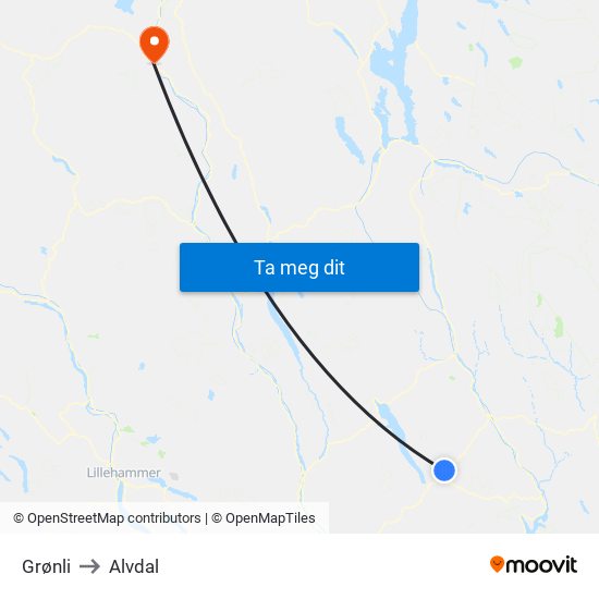 Grønli to Alvdal map