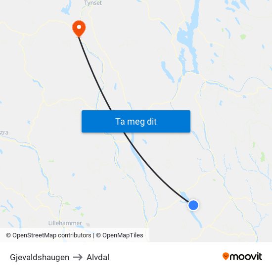 Gjevaldshaugen to Alvdal map