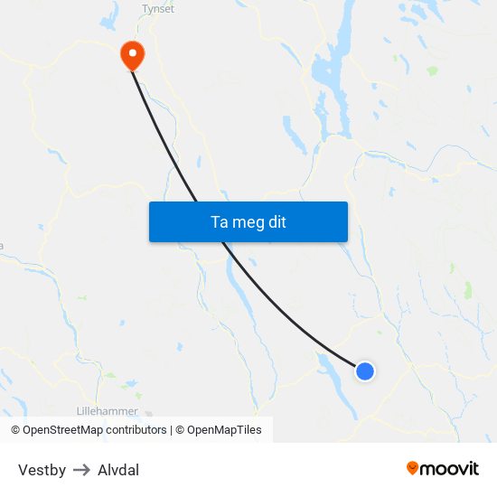 Vestby to Alvdal map