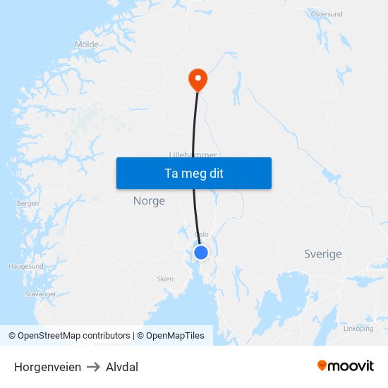 Horgenveien to Alvdal map