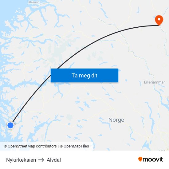 Nykirkekaien to Alvdal map