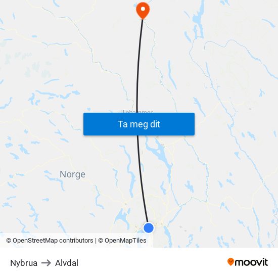Nybrua to Alvdal map