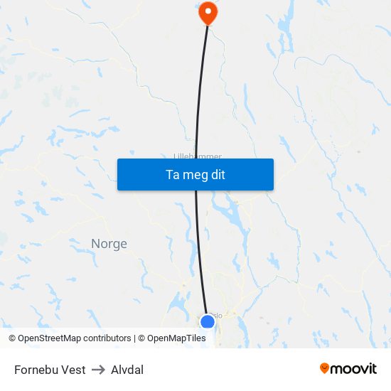 Fornebu Vest to Alvdal map