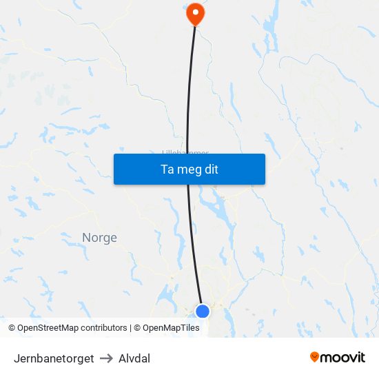 Jernbanetorget to Alvdal map