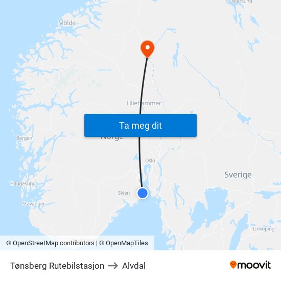 Tønsberg Rutebilstasjon to Alvdal map