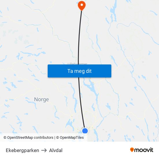 Ekebergparken to Alvdal map