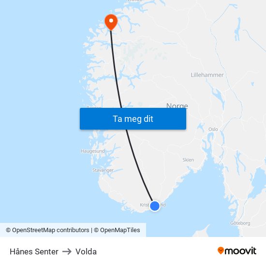 Hånes Senter to Volda map