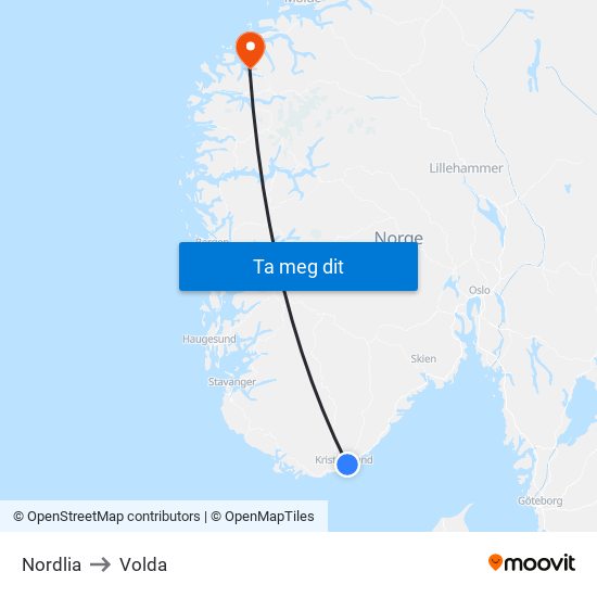 Nordlia to Volda map