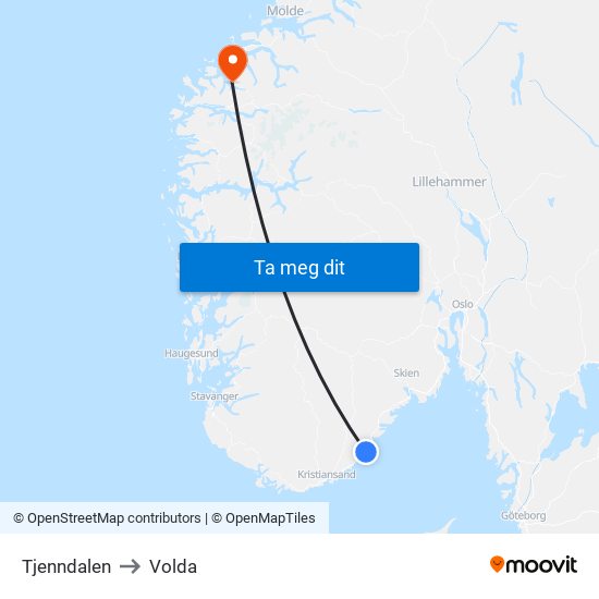 Tjenndalen to Volda map