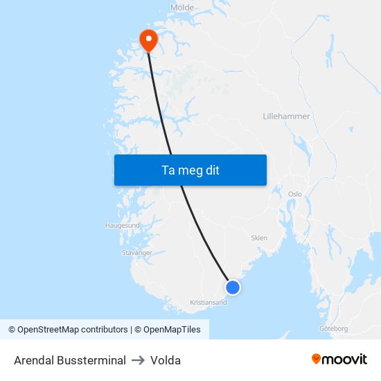 Arendal Bussterminal to Volda map