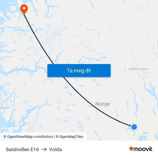 Sundvollen E16 to Volda map