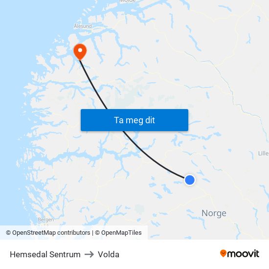 Hemsedal Sentrum to Volda map