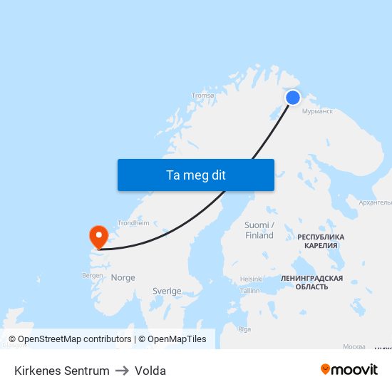 Kirkenes Sentrum to Volda map