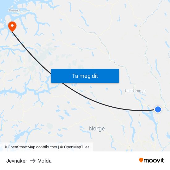 Jevnaker to Volda map