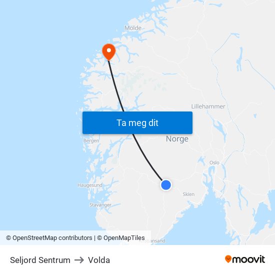 Seljord Sentrum to Volda map