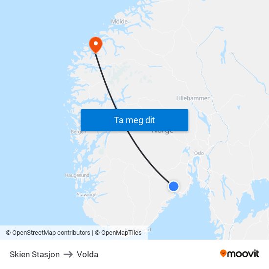 Skien Stasjon to Volda map