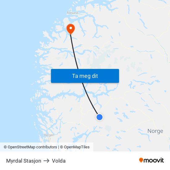 Myrdal Stasjon to Volda map