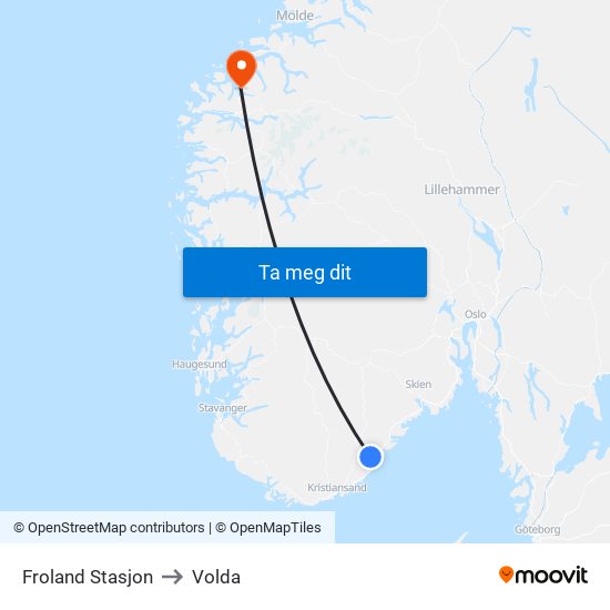 Froland Stasjon to Volda map