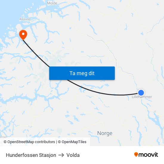 Hunderfossen Stasjon to Volda map