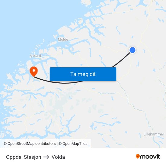 Oppdal Stasjon to Volda map