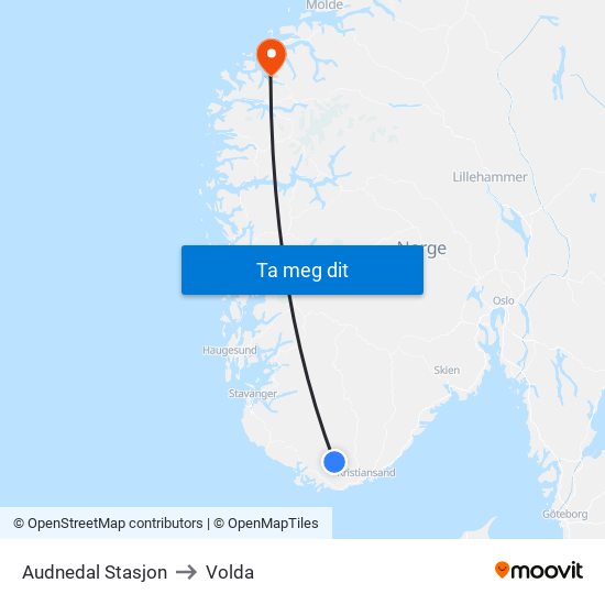 Audnedal Stasjon to Volda map