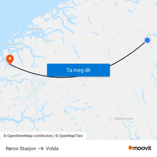 Røros Stasjon to Volda map