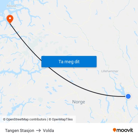 Tangen Stasjon to Volda map