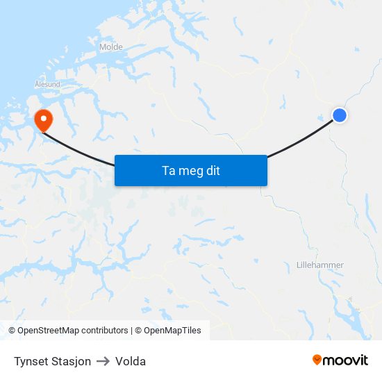 Tynset Stasjon to Volda map