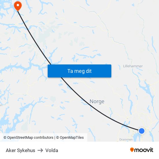 Aker Sykehus to Volda map