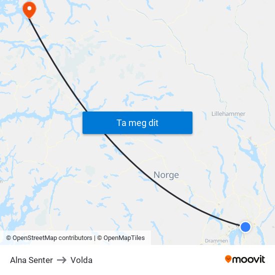 Alna Senter to Volda map
