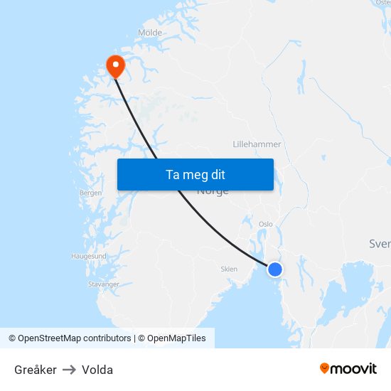 Greåker to Volda map