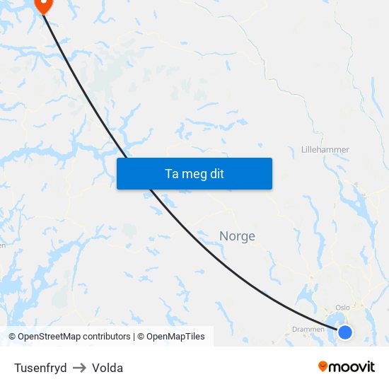 Tusenfryd to Volda map