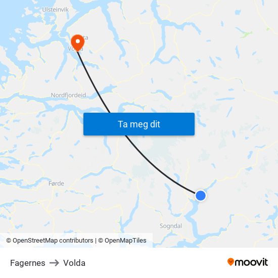 Fagernes to Volda map
