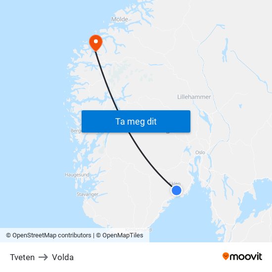 Tveten to Volda map