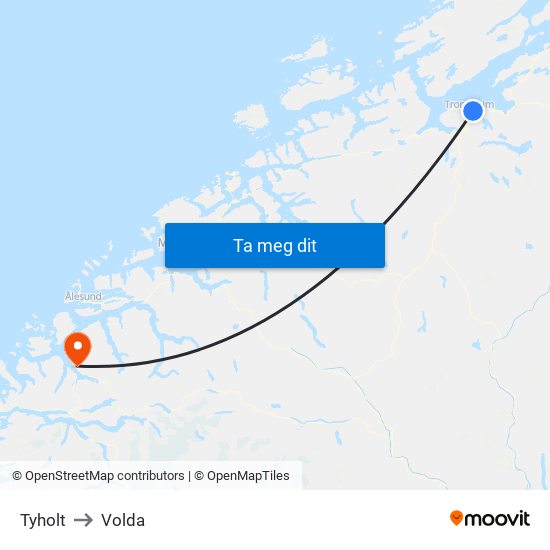Tyholt to Volda map