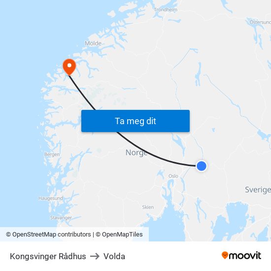 Kongsvinger Rådhus to Volda map