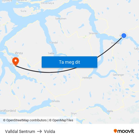 Valldal Sentrum to Volda map