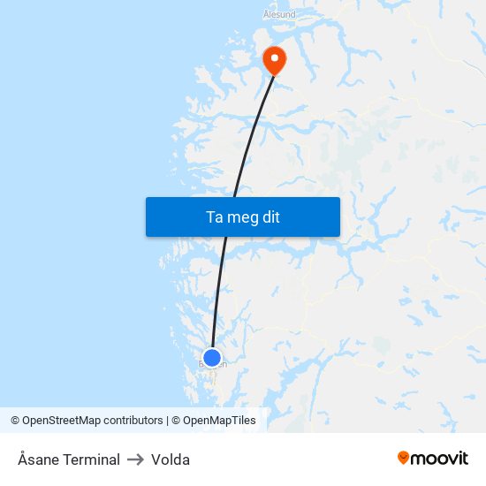 Åsane Terminal to Volda map
