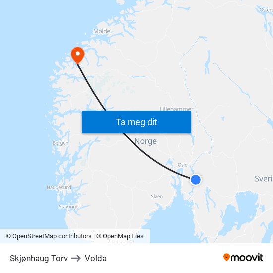 Skjønhaug Torv to Volda map