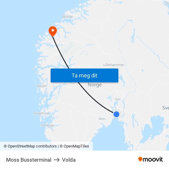 Moss Bussterminal to Volda map