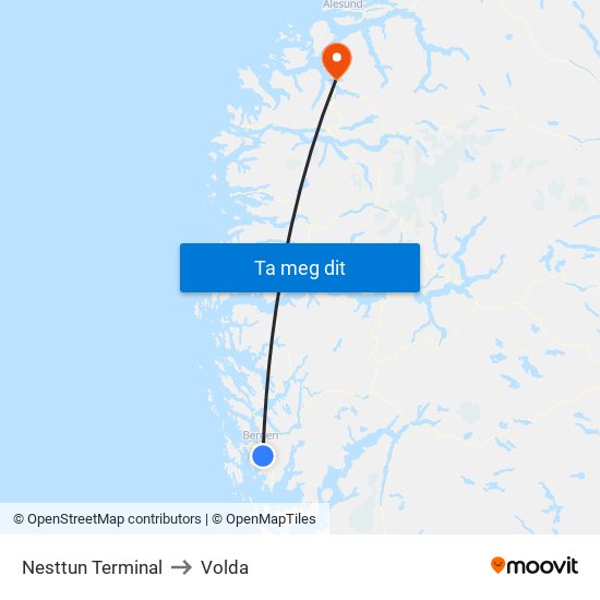 Nesttun Terminal to Volda map