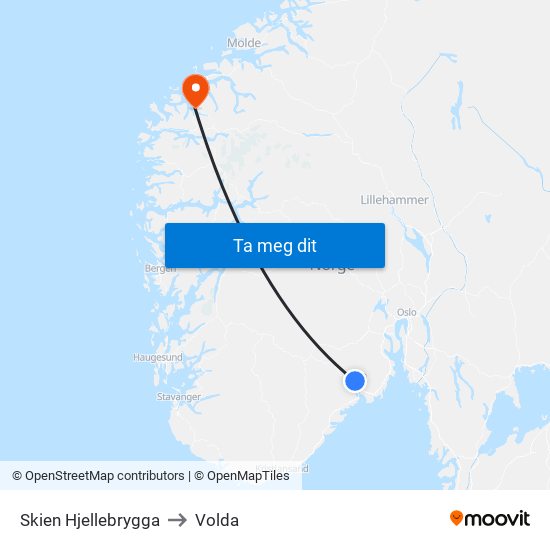 Skien Hjellebrygga to Volda map