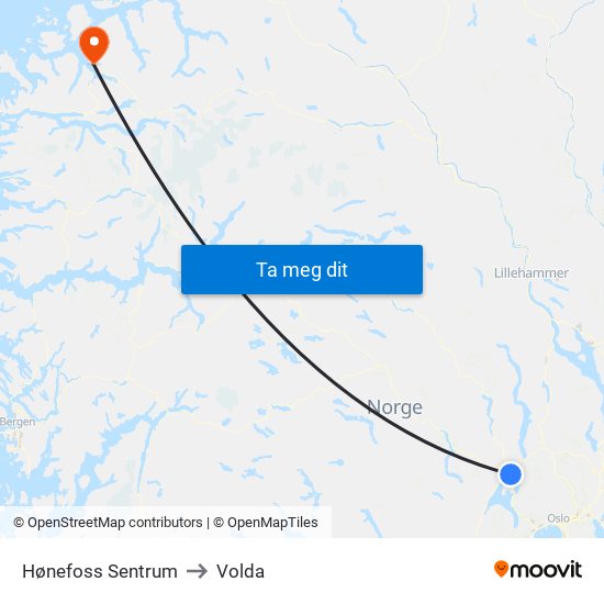 Hønefoss Sentrum to Volda map