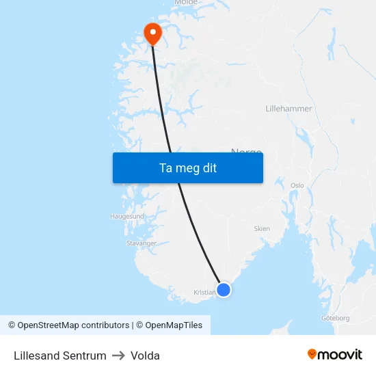 Lillesand Sentrum to Volda map