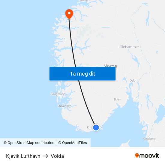 Kjevik Lufthavn to Volda map