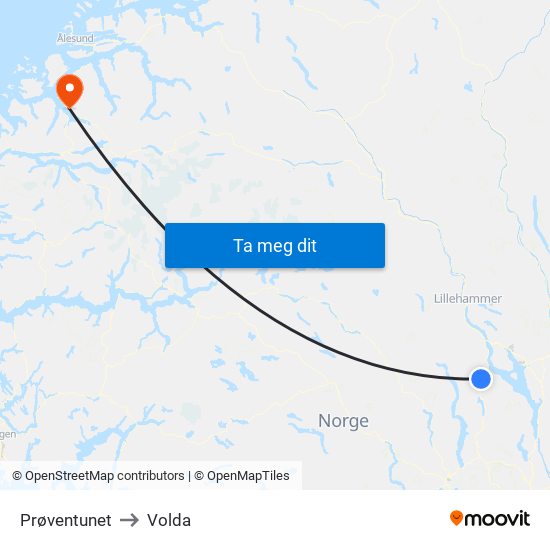 Prøventunet to Volda map