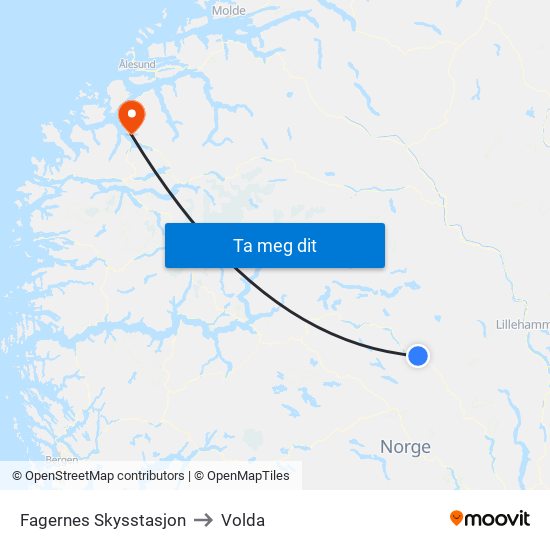 Fagernes Skysstasjon to Volda map