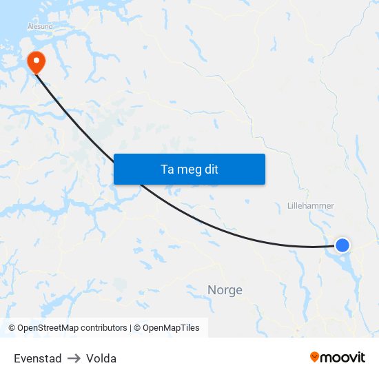 Evenstad to Volda map