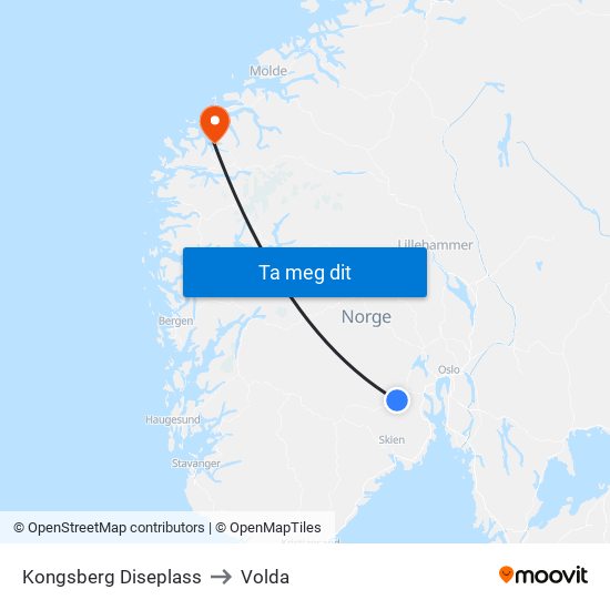 Kongsberg Diseplass to Volda map